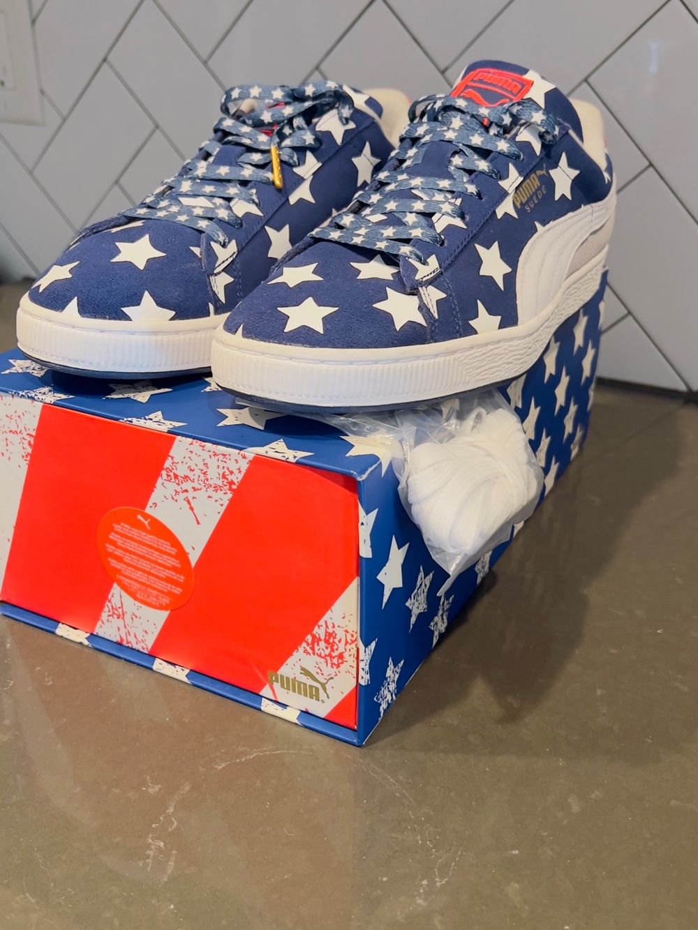 Puma Suede Men's RWB Blue and White Star Sneakers with Red Accent